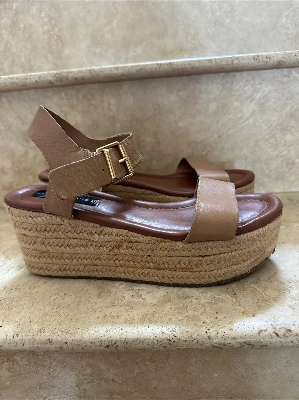 STEVEN by Steve Madden SABBIE Tan Leather Espadrille Platform Wedge Sandals
